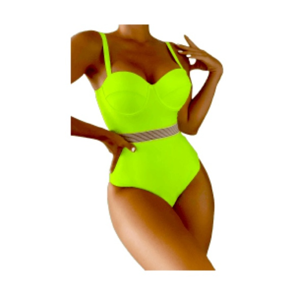 NWT not available anymore neon green mesh, inset one piece bathing suit